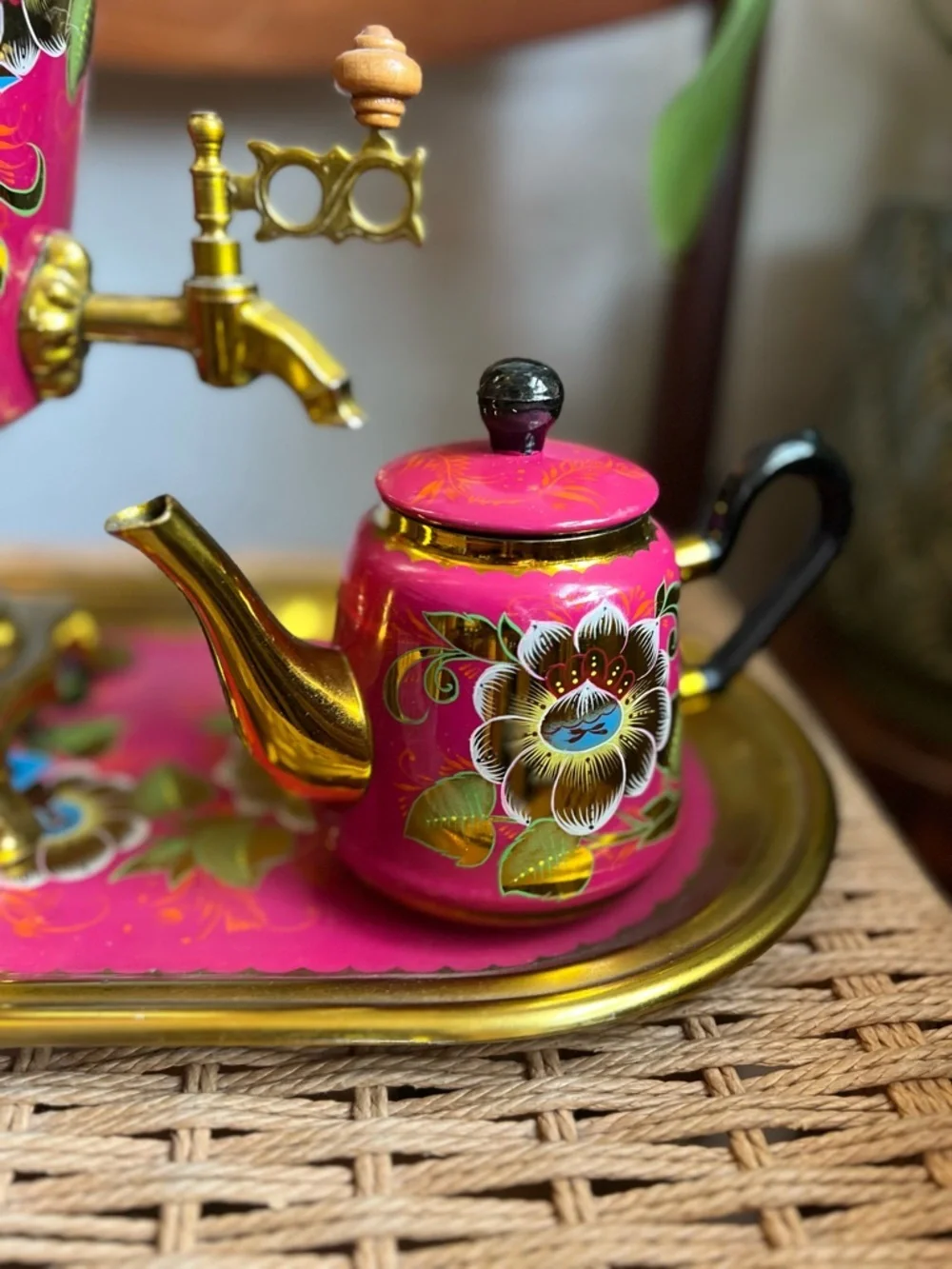 Vintage Soviet Samovar Tea Set 1991 Pink Floral Enamel Brass USSR Kitsch Decor